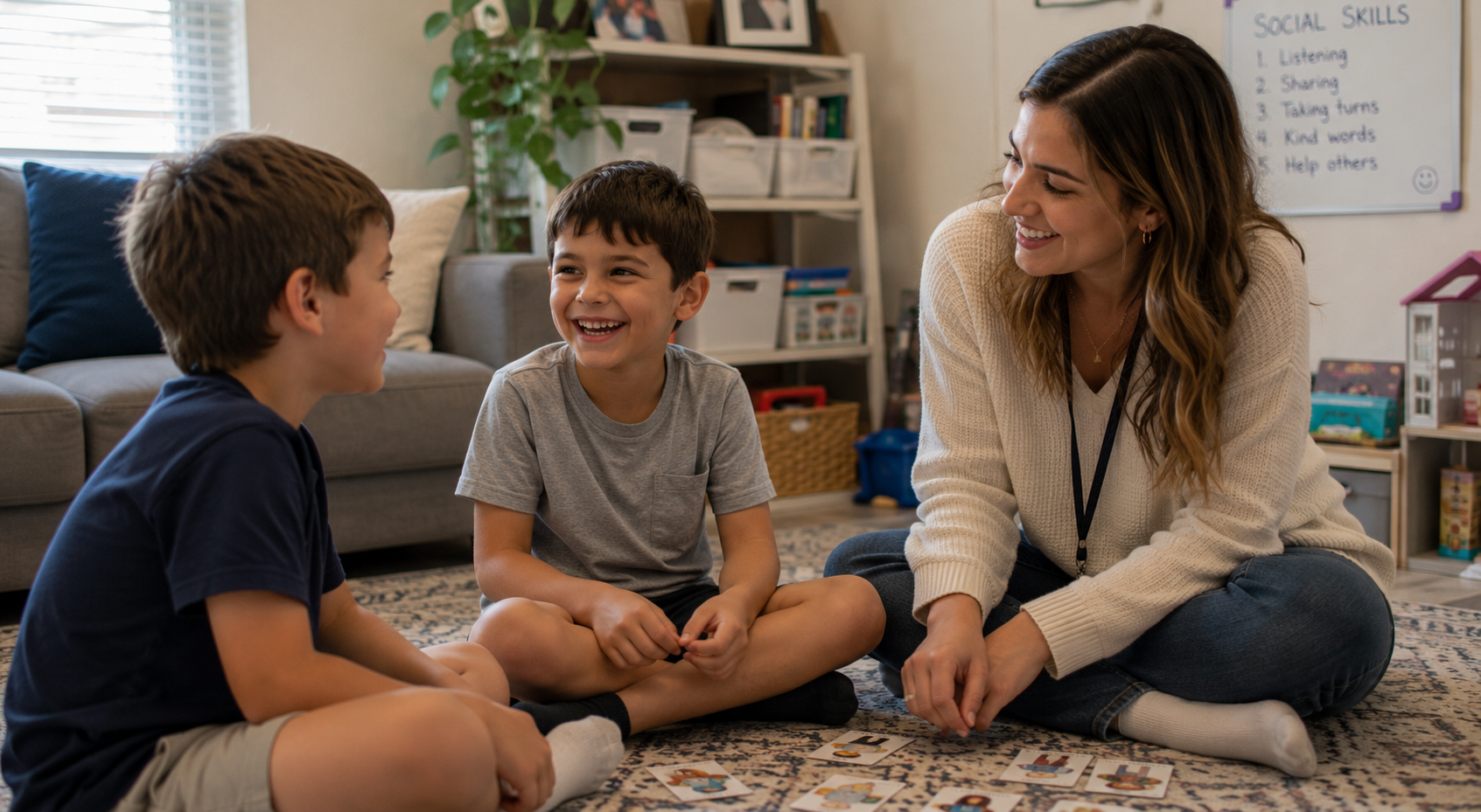A Veridian therapist practicing social skills with two children at home