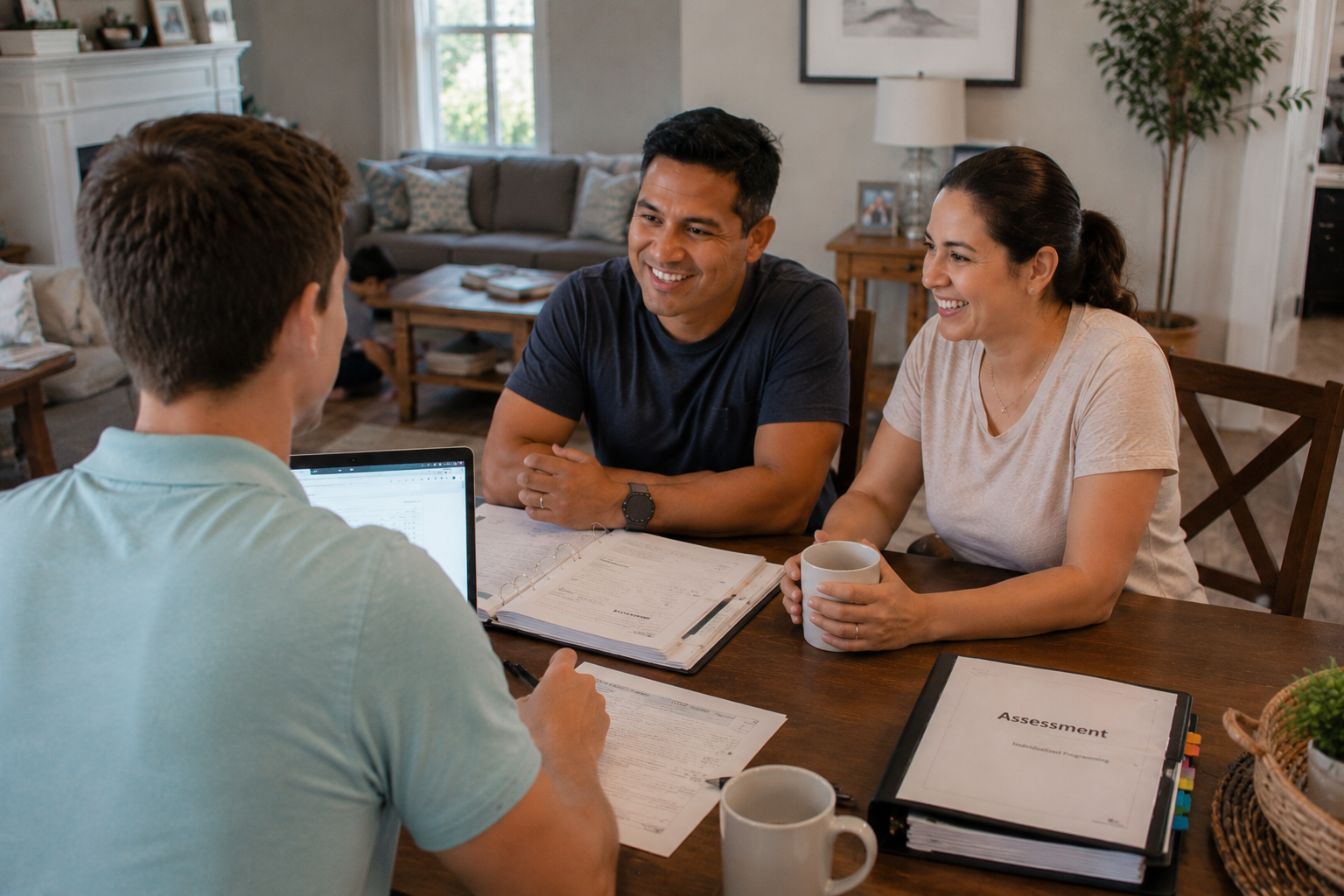 A BCBA reviewing an assessment binder with parents at home