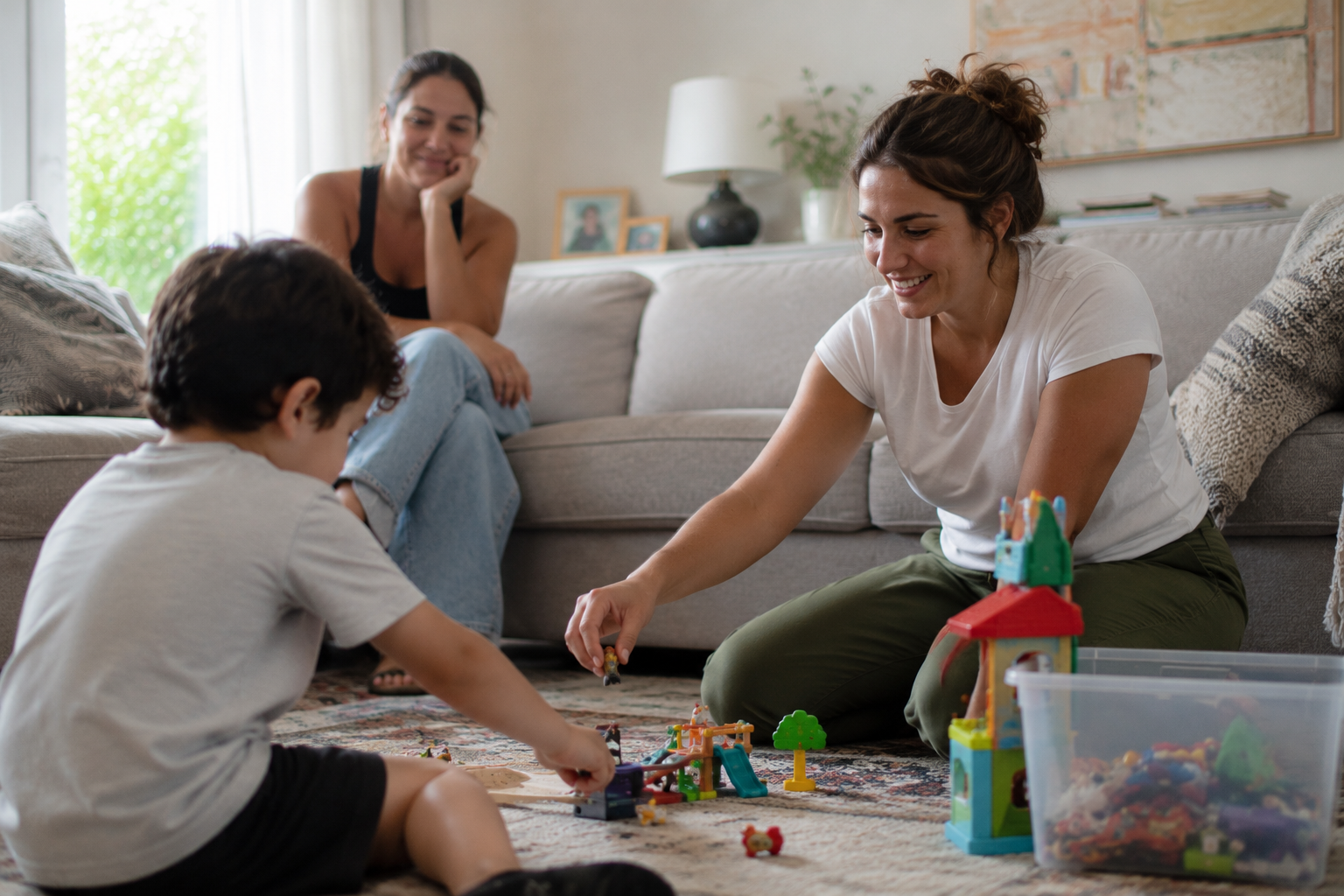 A therapist and parent playing on the floor with a child at home