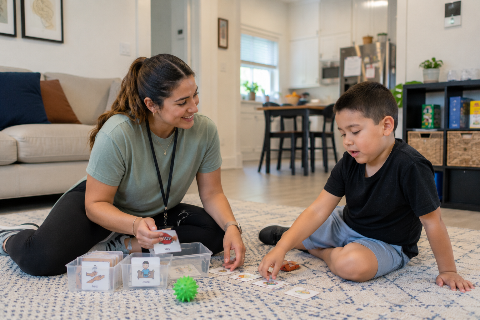 A Veridian therapist using picture cards with a child at home