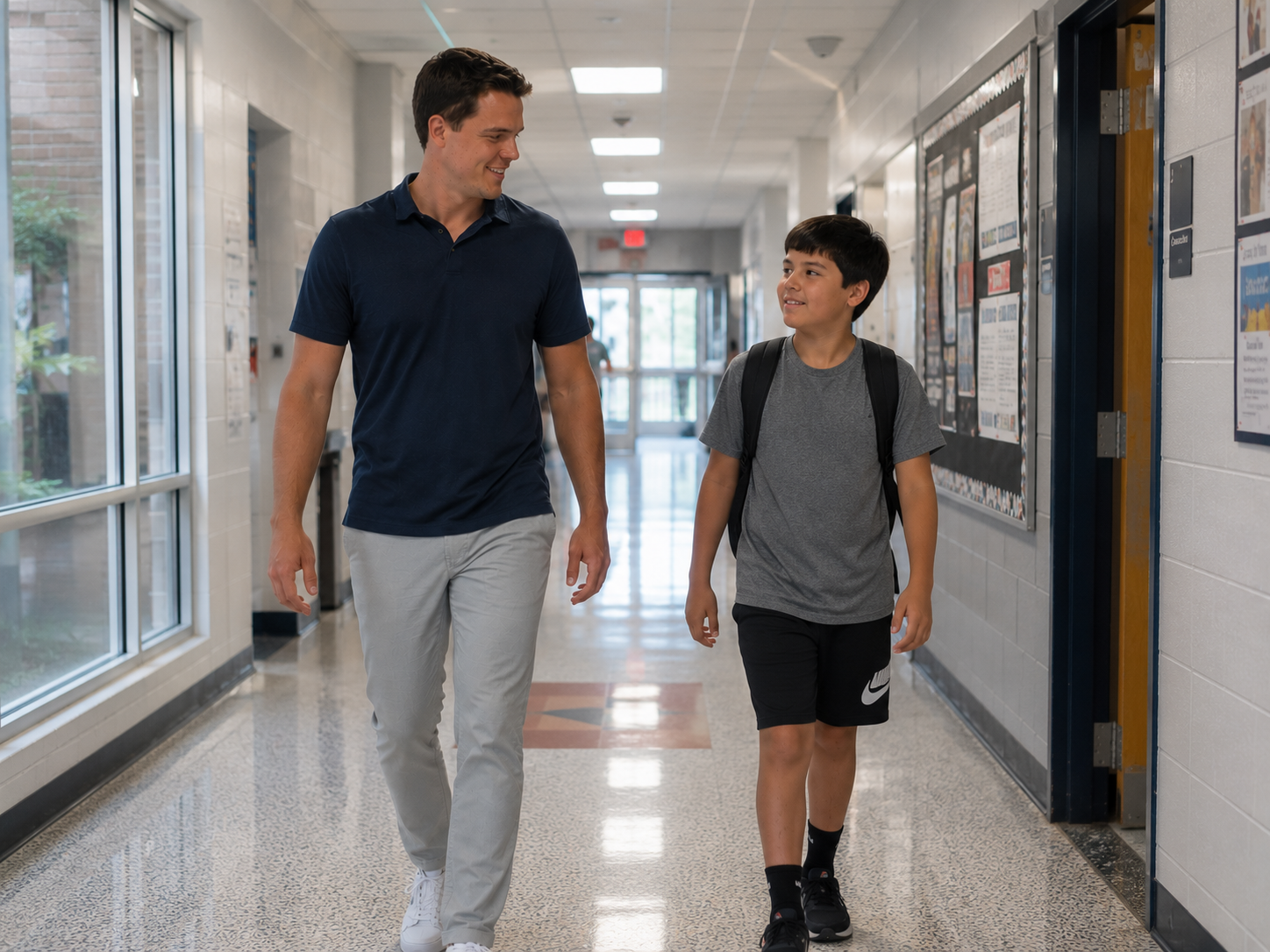 A Veridian therapist walking with a student through a school hallway